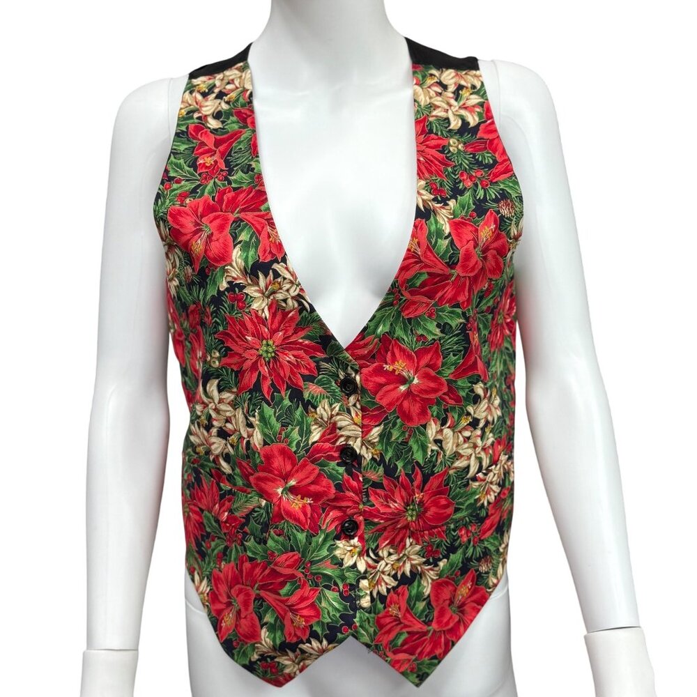 Robyn-Lyn Christmas Floral Waistcoat Vest S/M 100% Cotton Front & Acetate Back
